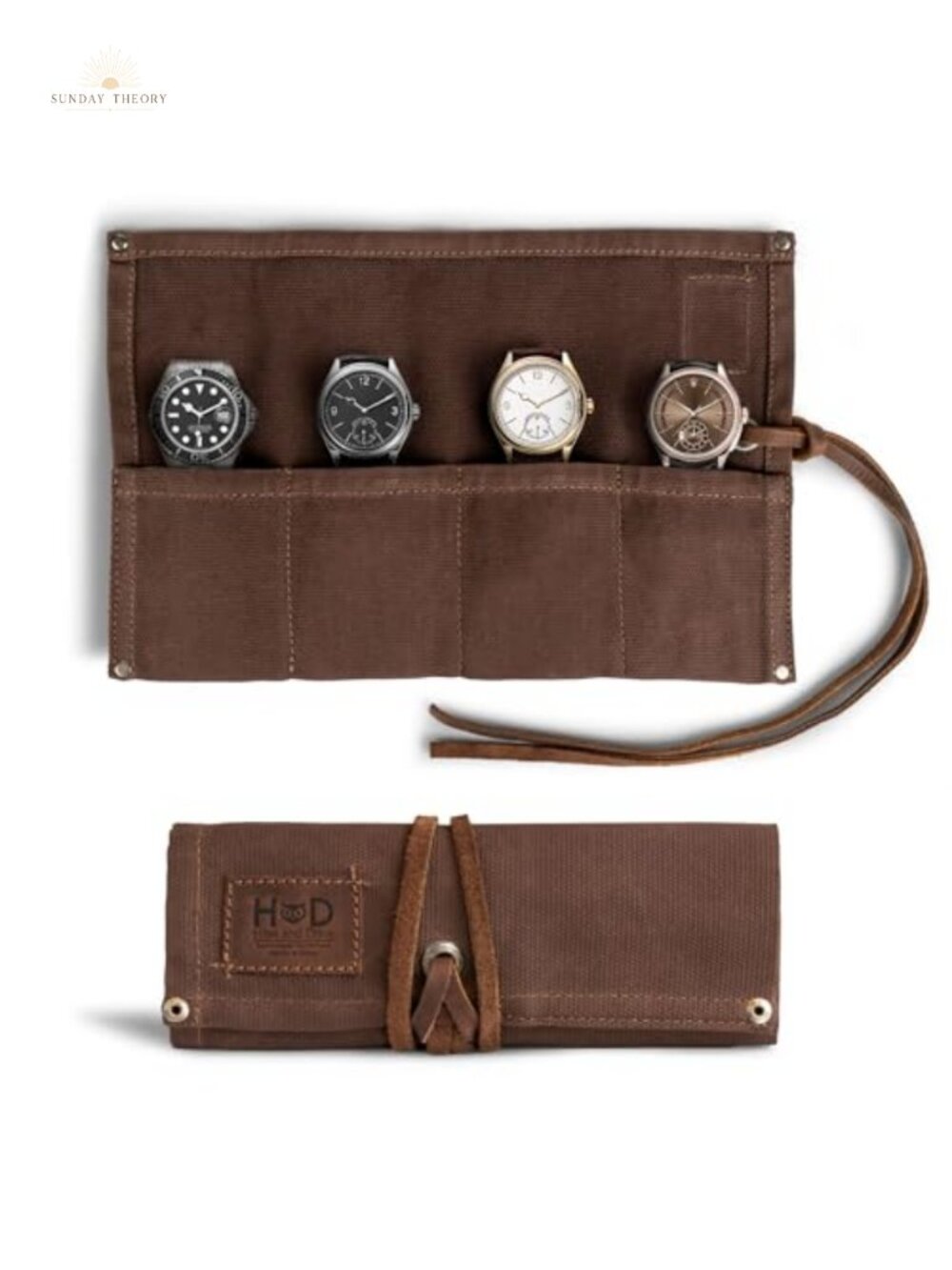 Waxed Canvas 4-Slot Watch Roll Travel Organizer with Leather Cord